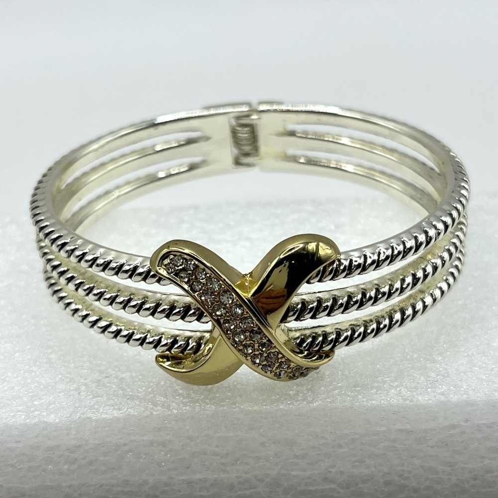 Rope Bracelet Love Crossover Silver Tone Cable Hinged Rhinestone Bangle Chunky